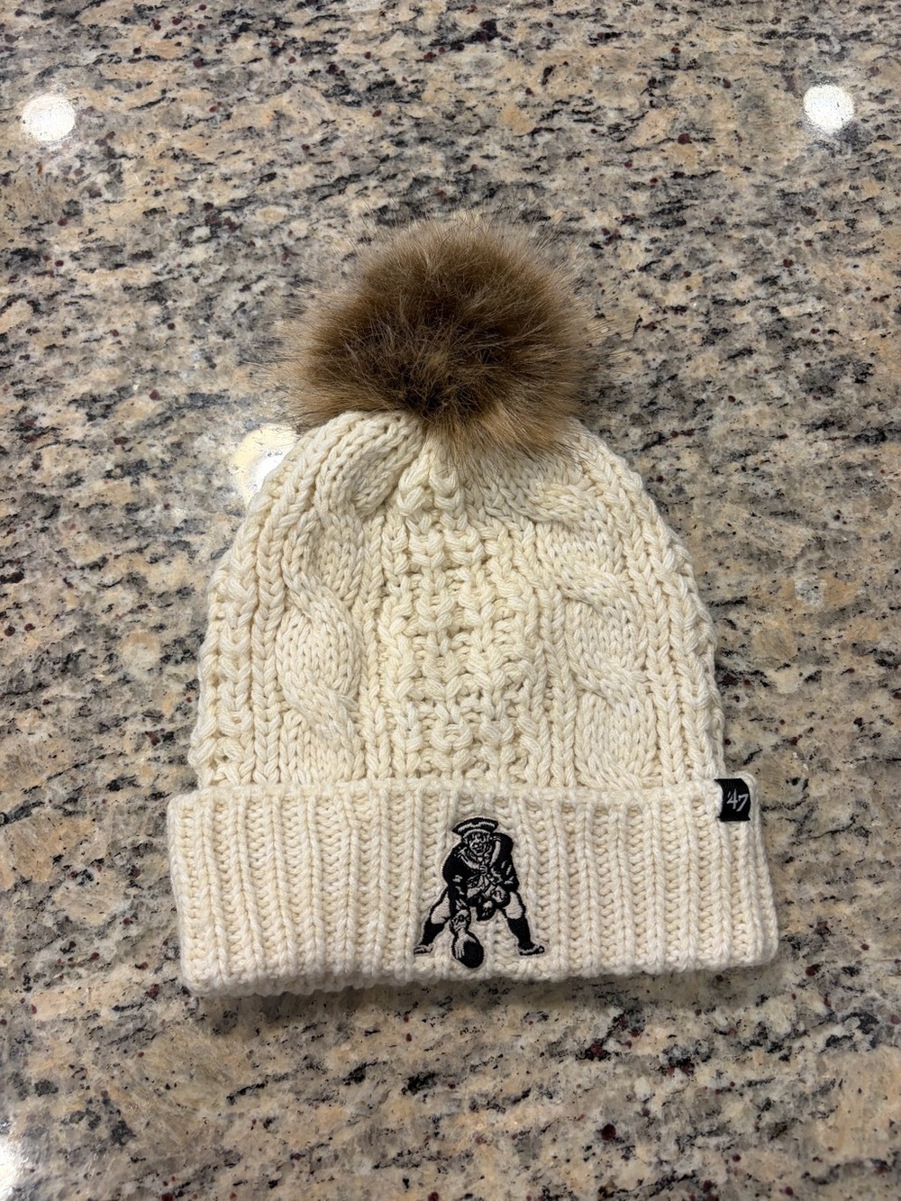 NFL New England Patriots Cream Cable Knit Pom Beanie